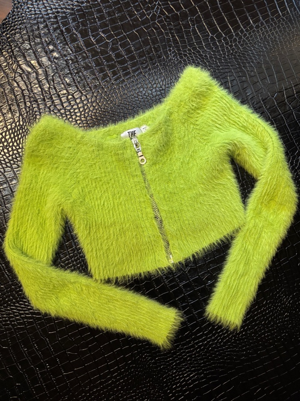 The Ragged Priest Lime Fuzzy Cropped Zip Cardigan
